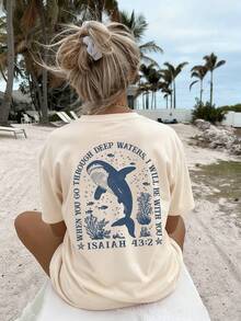 Women's Loose Fit Christian Beach T-Shirt, Soft Quick-Dry Round Neck Tee With Whale Shark Underwater Print And Isaiah 43:2 Bible Verse, INS Beach Aesthetic Streetwear, Suitable For Beach Vacation, Pool Party, Summer Camp And Seaside Stroll - Apricot - View 1
