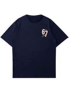 男士极简奢华数字印花圆领休闲宽松短袖T恤 - 藏蓝色 - 查看 6