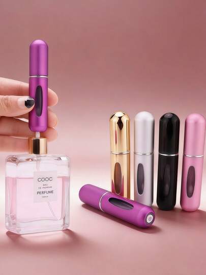 1个/2个/3个/4个/5个装 5毫升可填充香水喷雾瓶，便携式喷雾器，适合日常通勤、旅行补妆，防漏香水瓶，颜色可选：粉色、蓝色、黑色、金色、银色、浅蓝色、玫瑰红、灰色、绿色、红色