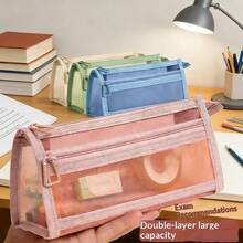 1pc Transparent Thick Mesh Double-Layer Pencil Case, Extra Large Capacity Easily Fits All Exam Stationery - Single Piece - View 3