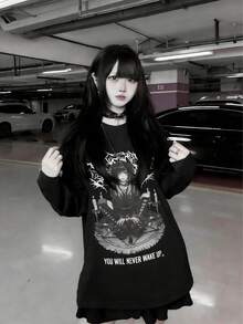 女士春季新款休闲Y2K风格印花圆领纯棉长袖T恤 - 黑色 - 查看 1
