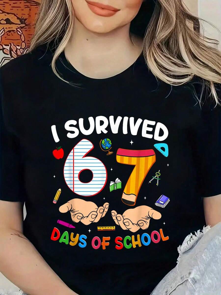 Sobreviví 67 Días De La Escuela, Camiseta Divertida Con Meme De Profesor Y Estudiante Para 6 7 Años, Camisetas Gráficas Para Mujeres - Negro - Ver 1