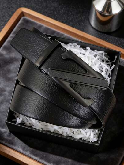 男士黑色腰带一条，时尚百搭，荔枝纹图案，休闲/商务两用自动扣腰带，适合中青年男士，是送给男友/长辈的理想礼物，适合夏季日常穿着、秋季开学、万圣节、秋冬季节，也适合青少年、青年、男士，休闲、户外、运动、度假、毕业典礼、生日、日常穿着。