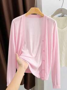 GIGOGOU Women's Lightweight Knit Casual Breathable Long Sleeve Cardigan, Minimalist Design, Spring/Summer - Pink - View 1