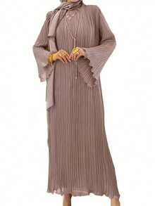 Vestido abaya plisado de unicolor para mujer, modesto - rosa marrón - Ver 5