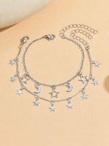 2pcs/Set Star & Moon Tassel Chain Bracelet, Fashionable Double-Layer Design, Suitable For Ramadan, Daily Wear, Dating, Photography. Handmade Chain Length And Tassel Quantity Are Random - Silver - View 2