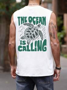 男士休闲宽松圆领背心，海洋主题海龟图案印花 - 白色 - 查看 2