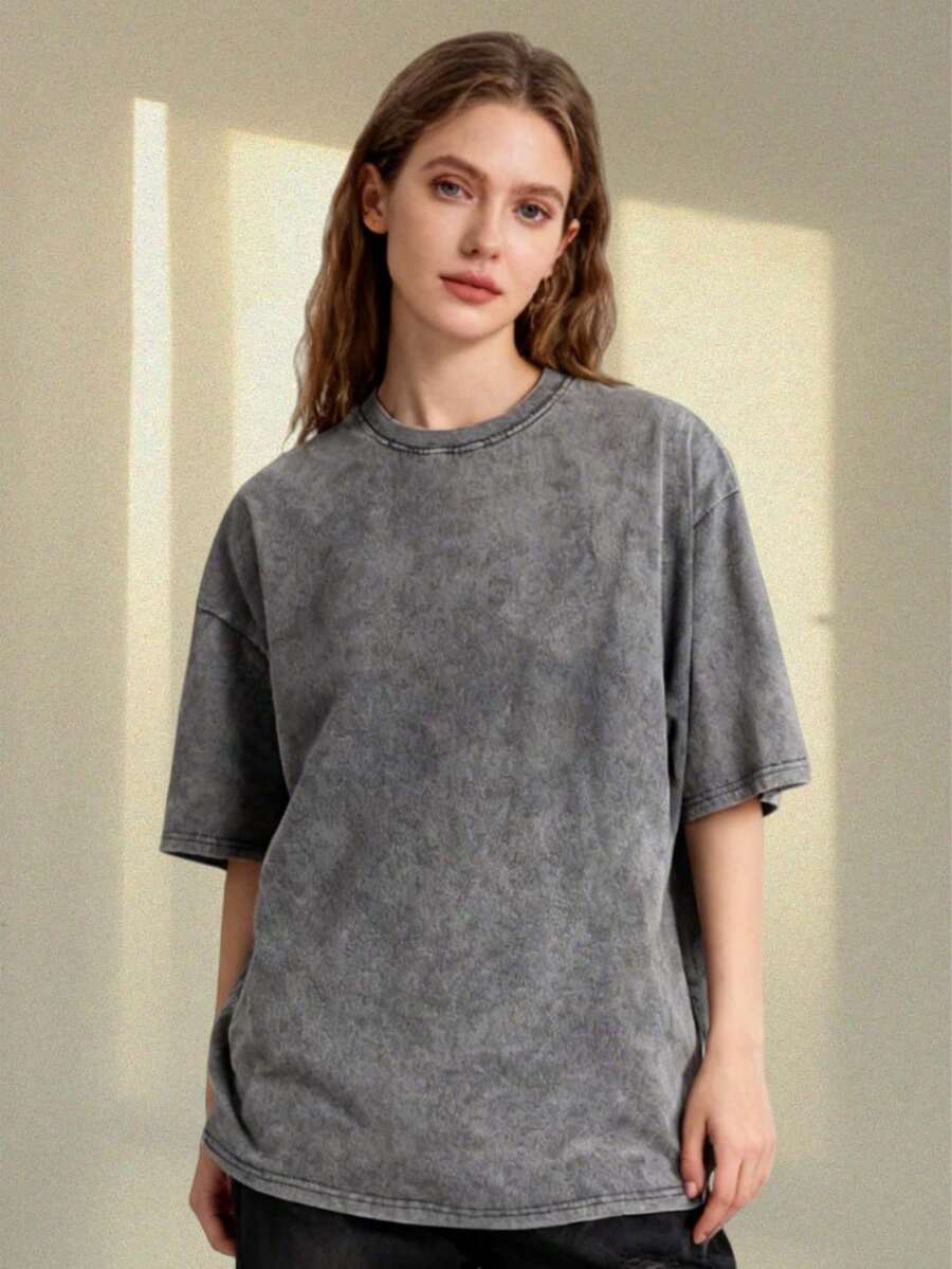Casual Women's Gray Cotton T-Shirt, Short Drop Shoulder Sleeve, Round Neck, Washed Longline Top - Grey - View 1