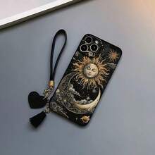 黑色直边日月图案手机壳，带挂绳 - 黑色 - 查看 1