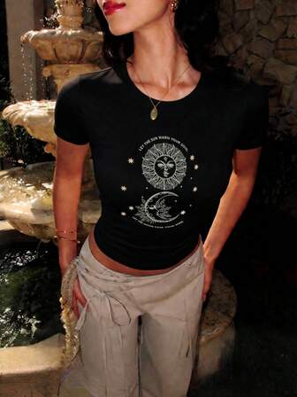 Women's Round Neck Short Sleeve T-Shirt, New Summer Sun & Moon Print Fashionable Fitted Cropped Top, Suitable For Daily Wear Black