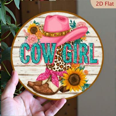 1 biển hiệu treo tường phong cách miền Tây mộc mạc 8x8 inch hình cô gái cao bồi đội mũ và ủng - Trang trí nhà nông thôn bằng kim loại với mũ cao bồi hoa văn, ủng và chữ "COWGIRL", thiết kế cổ điển màu xanh ngọc và hồng, phù hợp cho phòng theo chủ đề đồng quê, vòng hoa, trang trại, nhà gỗ.