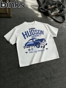 Disney Binks (impresión doble cara): Una camiseta de manga corta con impresión de dibujos animados que presenta a Doc Hudson, un personaje legendario de "Cars", una camiseta de calle suelta y de moda. Tops versátiles de moda para primavera y verano, regalos de vacaciones, estampados vintage. - Blanco - Ver 2