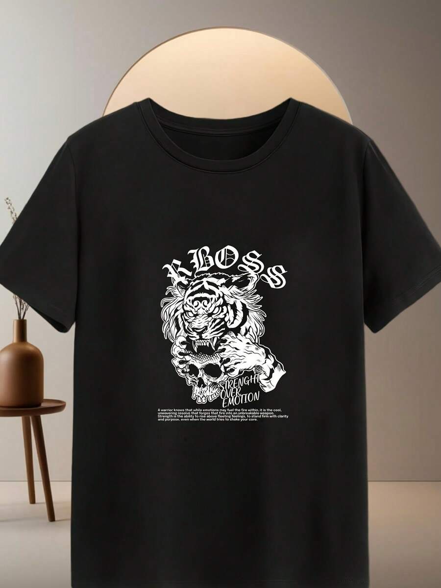 Neutral Black T-Shirt, 220g, 100% Cotton, Bold "Strength Over Emotion" Pattern, Perfect for Casual Wear & Showcasing Personality - Negro - Ver 1