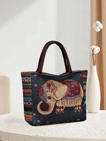 1pc (11.8in*8.3in*3.9in) Fashion Women's Handbag, Tote Bag, Elephant Print Linen Bag, Large Capacity, Scratch & Wear Resistant Material, Suitable For Shopping, Dating, Gathering, Commuting, Gift For Family, Friends, Girlfriend, Elegant Minimalist Casual Chic Color Block Women Handbag