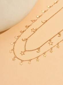 Set de 2 collares con colgante de estrella y luna con borlas, cadena de doble capa elegante para la clavícula, adecuado para festivales, uso diario, citas, fotografía. Longitud de la cadena hecha a mano personalizada, cantidad aleatoria de estrellas y borlas - Dorado - Ver 3