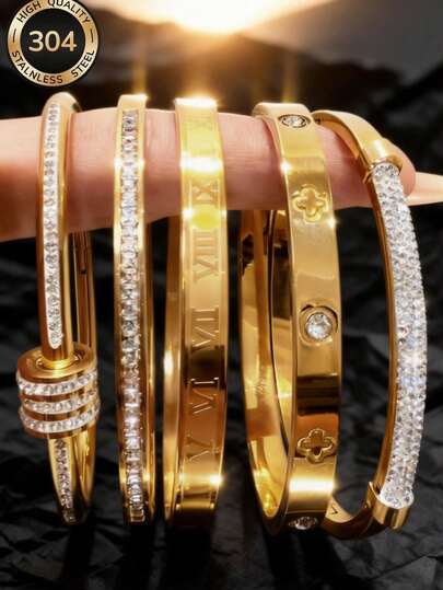 304 Stainless Steel Men's Bracelet, Non-Fading Luxury Gold Bracelet, Men's Roman Numeral Plain Bangle, Minimalist Men's Thin Bracelet, Waterproof Sweat-Resistant Sports Bracelet, Birthday Gift For Boyfriend, Men's Luxury Versatile Bracelet, Business Men's Metal Bracelet, Couples Stainless Steel Bracelet, Non-Allergic Men's Jewelry, Versatile Fashion Accessory, Best Gift, Neutral Cold Metal Style, Wide/Thin Options, Plain/Rhinestone Choices, Covering "Minimalist, Business, Retro, Exquisite" All Styles