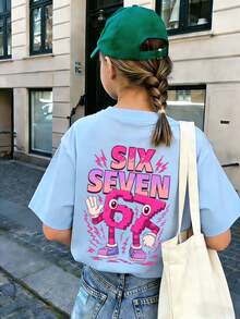 Camiseta rosa con estampado de dígitos coloridos "SEIS SIETE" 6 7 de dibujos animados para niña preadolescente, adecuada para uso diario, estilo callejero, eventos, y como top de verano casual y versátil - Celeste - Ver 3