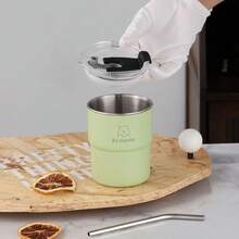 2pcs Fashionable Coffee Cup, Includes Cup And Straw, Double-Layer Vacuum Design, Stainless Steel Coffee Cup, Efficient Insulation, Outer Plastic Layer Prevents Heat And Keeps Hands , Inner 304 Stainless Steel. - Matcha Green - View 3