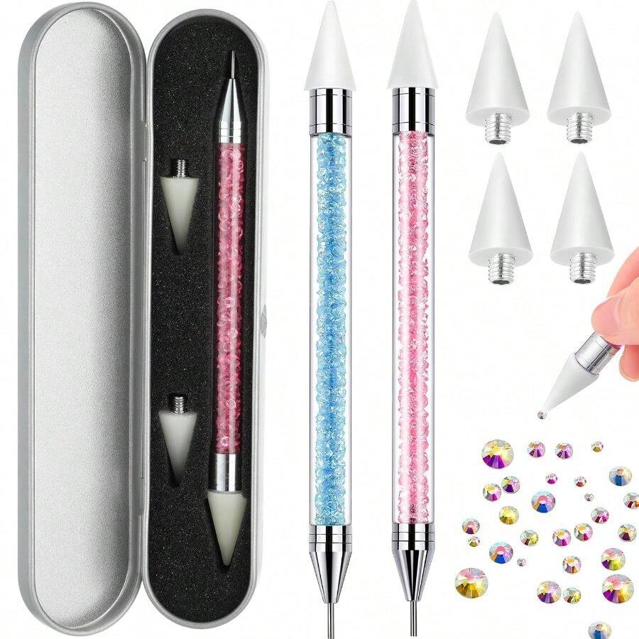 2 Pieces Picker Dotting Pen, Dual - Ended Rhinestone Gems Crystals Studs Picker Wax Pencil Pen Beads Handle Manicure Nail Art Decoration (Light Blue Pink) - Xanh nhạt hồng - Xem 1