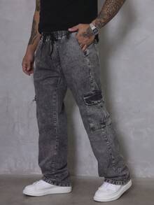 Men's Marbled Cargo Jeans, Wide Leg, Side Pocket, Streetwear - 煙灰色 - View 2
