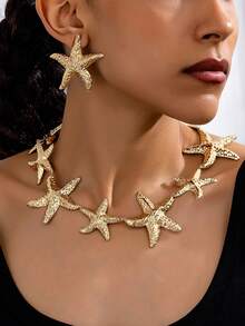 Set de 3 piezas con colgante de estrella de mar metálica náutica y aretes, adecuado para atuendos diarios y de vacaciones de mujeres - Amarillo Oro - Ver 7