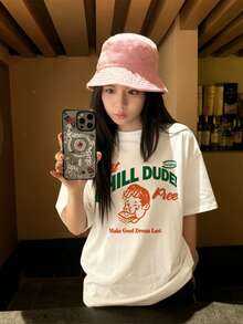 Japanese Style Women's Loose Round Neck Short Sleeve Letter & Cartoon Print T-Shirt, Spring/Summer - White - View 3