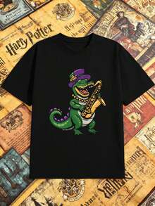 OVERSIZED Funny Jazz Saxophone T-Shirt With Alligator, Premium Cotton, Crew Neck, Comfortable Fit, Street Hip-Hop. - Black - View 2