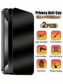 适用于 17/17 Pro/17 Pro Max/15/15 Pro Max/16/16 Plus/16 Pro/13/14 Pro Max，2 片装全屏钢化玻璃隐私保护膜，防水、防刮、触感灵敏顺滑，9H 硬度玻璃，军用级防摔保护，适合日常、办公和家庭使用。 - 彩色 - 查看 2