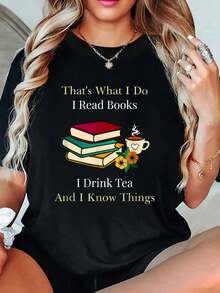 playeras de algodón mujer, Eso es lo que hago. Leo libros, bebo té yé cosas. Camiseta conjuntos de mujer tops - Negro - Ver 1