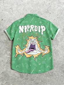 Men's Cartoon Print Lapel Collar Pocket Front Button Short Sleeve Shirt, Summer - Green - View 2