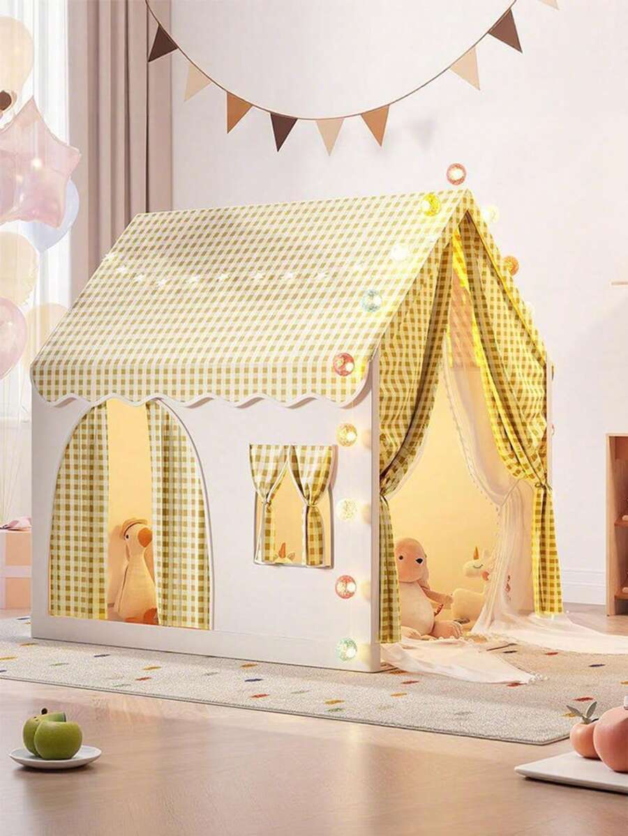 Children's Game House Tent, Large Indoor Parent Child Interactive Game Room, Crawling Game House Tent Suitable For Both Boys And Girls, Outdo Or Fun Game Tent, Durable Checkered Tent, Perfect Gift For Children, Tent For Kids, Tent, Equipped With Star Lights (Without Battery) - 黃色帳篷+燈套裝A(布質窗簾) - 查看 1