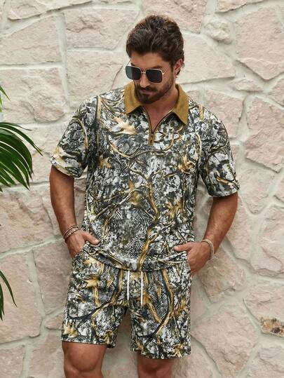 Men's Fashionable Contrast Color Casual Short Sleeve Zip-Up Polo T-Shirt Set, Summer