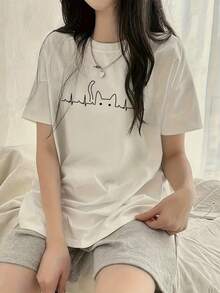 Women's Loose Round Neck Short Sleeve Cartoon Cat Print T-Shirt, Spring/Summer - White - View 1
