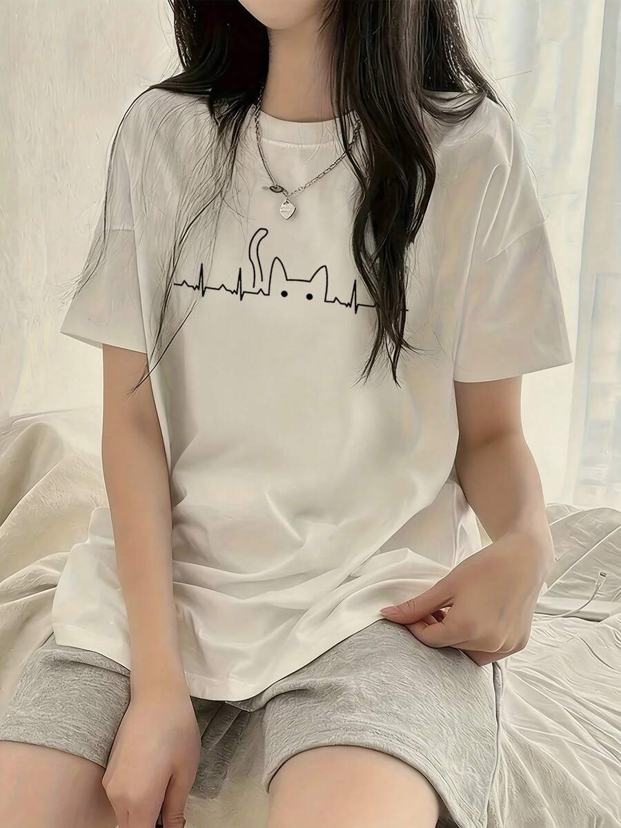 Women's Loose Round Neck Short Sleeve Cartoon Cat Print T-Shirt, Spring/Summer - White - View 1
