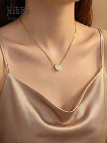 Hihho 1件双色立方氧化锆心形项链，甜美活力奢华风格，心形设计，镶嵌满钻，搭配精致链条，适合日常通勤、约会、度假和甜美装扮。 - 愛心 - 查看 6