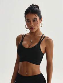 Sujetador deportivo sin costuras para mujer, de unicolor, con almohadillas extraíbles y espalda cruzada - Negro - Ver 5