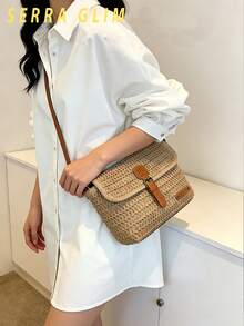 Retro-Chic Woven Tote Bag Beach Vacation Straw Crossbody Bag Summer Casual Messenger Bag Vintage Rustic Handbag Forest Cottagecore Handbag Inspired Woven Bag-Perfect For Beach Trips Vacations Commuting Parties Birthday Gifts Valentine's Day Gifts Mother's Day Gifts - 卡其色 - 查看 2