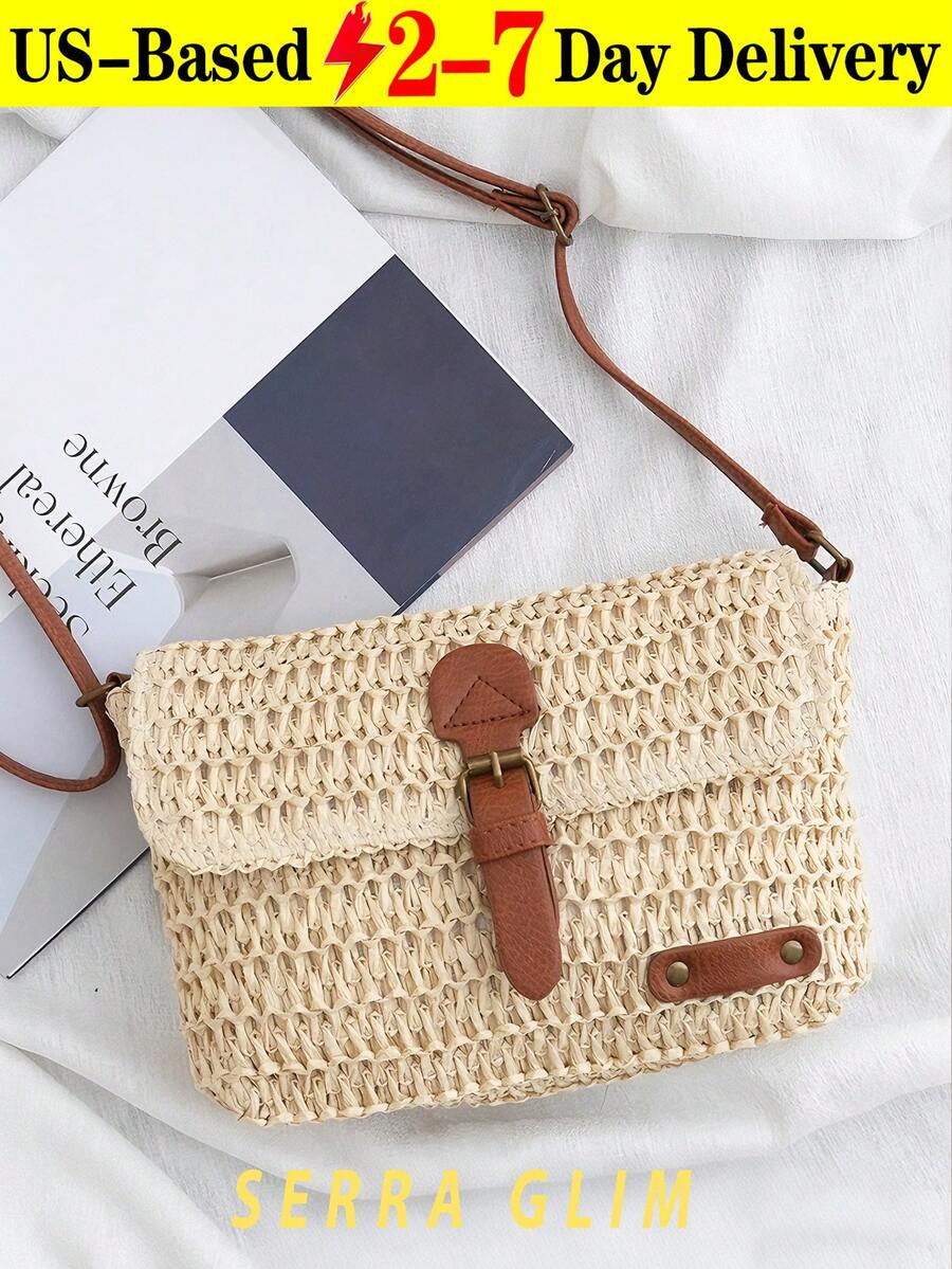 Retro-Chic Woven Tote Bag Beach Vacation Straw Crossbody Bag Summer Casual Messenger Bag Vintage Rustic Handbag Forest Cottagecore Handbag Inspired Woven Bag-Perfect For Beach Trips Vacations Commuting Parties Birthday Gifts Valentine's Day Gifts Mother's Day Gifts - 小號米白色 - 查看 1