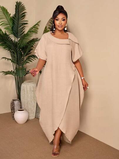 BIUBIU 大码卡其色优雅飘逸长裙，不对称领口宽松长袍，适合婚礼宾客、春夏派对穿着