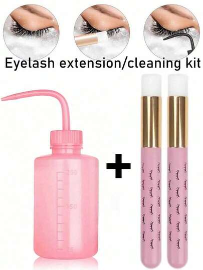 3Pcs Eyelash Extension Set/Eyelash Cleaning Set: 250ml Plastic Eyelash Cleaning Bottle,+2 Eyelash Cleaning Brushes, Multifunctional Cleaning Bottle Can Be Used To Hold Tattoo Solution, Nose Blackhead Cleansing Shampoo Brush
