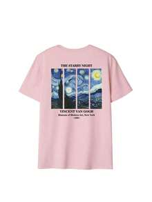 Women's Summer Personalized Letter Printed Pattern Round Neck-Shirt Fashionable And Versatile Women's Half Sleeve Small Shirt With Van Gogh Starry Print. Graphic Tees Women Pink Top White Top Black Top - 粉色 - 查看 3