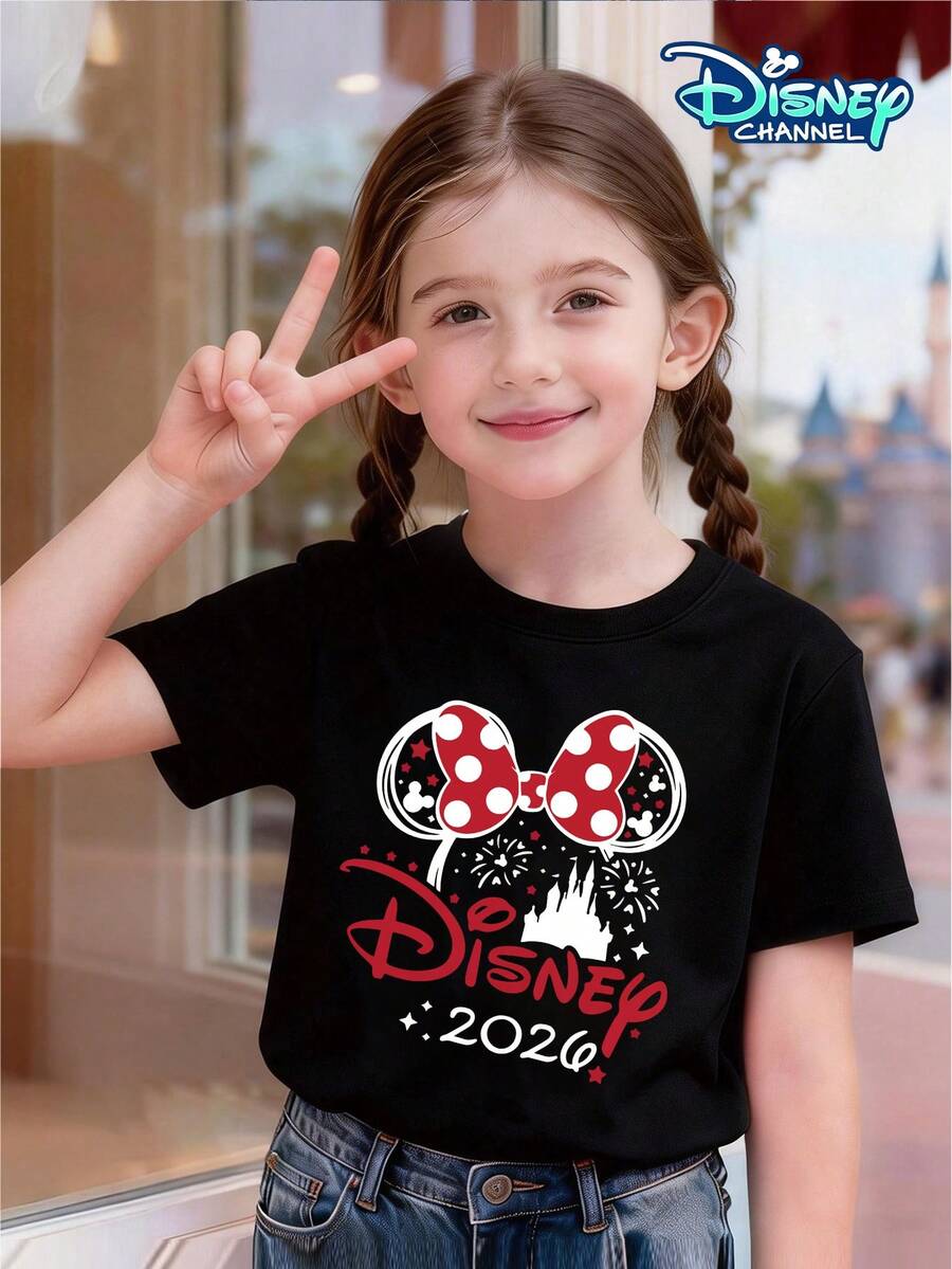 2026 Where The Magic Begins Girls' Disney Short-Sleeve T-Shirt, Minnie Mouse Polka Dot Bow Print, Castle Fireworks Background, Round Neck Top, Suitable For Daily School, Outings, And Casual Wear. Simple Design, Pairs With Various Bottoms. - màu đen - Xem 1