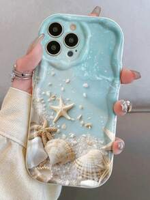 沙滩海星印花奶油色波浪边防震加厚手机保护壳，兼容 17/17 Pro/17 Pro Max、16 XR/7/8、15 Pro Max、12 Pro Max、13 Pro Max、14 Pro Max、13、14、11、12P、14P、11P、12P、XS、XR、7/8P、7/8G、ES2、A13 4G、A22、A21S、A51 4G、A52、S22 Ultra、A33 5G、A34、A35、10、Note 11 4G、11 Lite、A53、A14、A23、S23 Ultra、S24、A14、A15、S23、A73、A55、A54 等机型。 - 彩色 - 查看 1