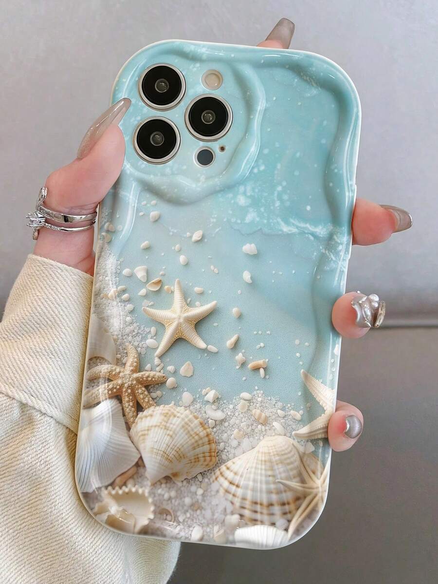 沙滩海星印花奶油色波浪边防震加厚手机保护壳，兼容 17/17 Pro/17 Pro Max、16 XR/7/8、15 Pro Max、12 Pro Max、13 Pro Max、14 Pro Max、13、14、11、12P、14P、11P、12P、XS、XR、7/8P、7/8G、ES2、A13 4G、A22、A21S、A51 4G、A52、S22 Ultra、A33 5G、A34、A35、10、Note 11 4G、11 Lite、A53、A14、A23、S23 Ultra、S24、A14、A15、S23、A73、A55、A54 等机型。 - 彩色 - 查看 1