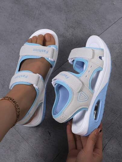 Women's Fashionable Flat Sports Sandals, New Summer Hook And Loop Strap Sandals, College Style Versatile White/Blue Beach Water Breathable Casual Shoes