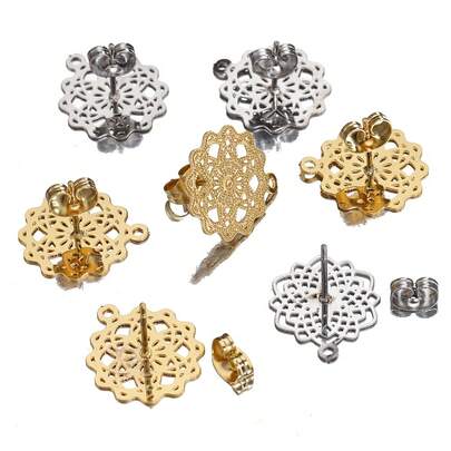 10pcs Gold Stainless Steel Hollow Flower Stud Earrings Set, Embossed With Hanging Holes, Suitable For DIY Handmade Earring Jewelry Accessories