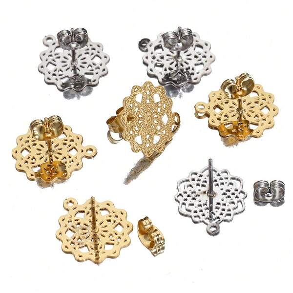 10pcs Gold Stainless Steel Hollow Flower Stud Earrings Set, Embossed With Hanging Holes, Suitable For DIY Handmade Earring Jewelry Accessories