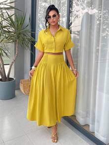 AIJ Amarilo Women's Lemon Yellow 2-Piece Set - Cropped Short Sleeve Top And High Waist Tie Maxi Skirt, Sexy Beach Vacation Outfit, Summer - Mustard Yellow - View 1