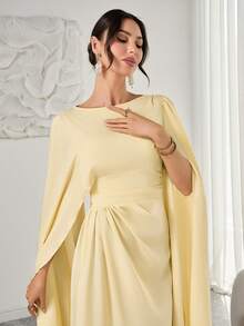 Women's Elegant French-Style Romantic Long Dress – Smooth Fabric, Pleated Details, Cinched Waist At Back, Flared Skirt, Long Sleeves & Slit Cuffs, Ideal For Afternoon Tea Gatherings, Parties & Middle Eastern-Inspired Occasions - Pale Yellow - View 6