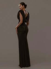 Fashionable Lady Style Party Street Vacation Women's Solid Color Elegant Waist-Cinching Pleated Drop-Shoulder Fit-And-Flare Dress - 黑色 - 查看 3